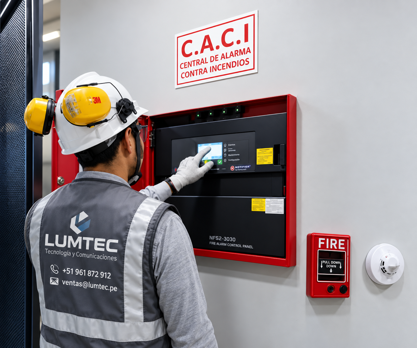 Técnico Lumtec instalando sistema contra incendios