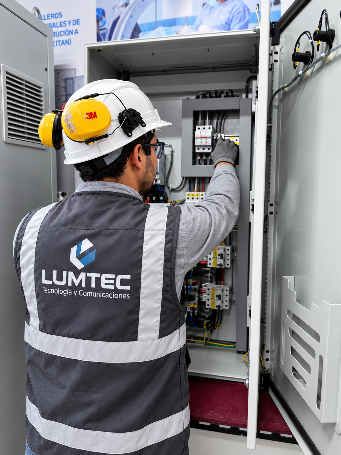 Técnico Lumtec trabajando en instalación eléctrica