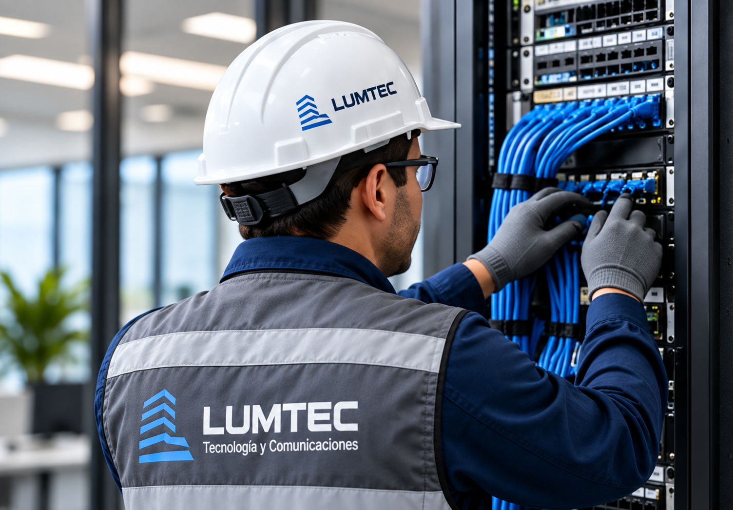 Técnico Lumtec instalando cableado estructurado