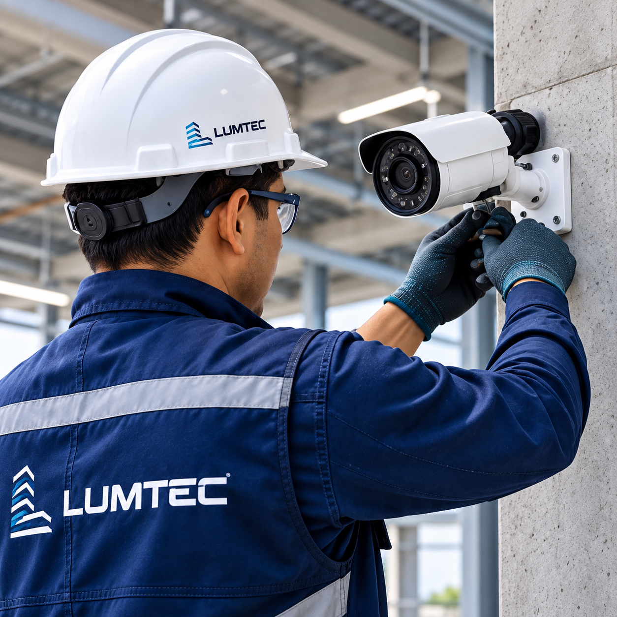 Técnico Lumtec instalando cámara CCTV