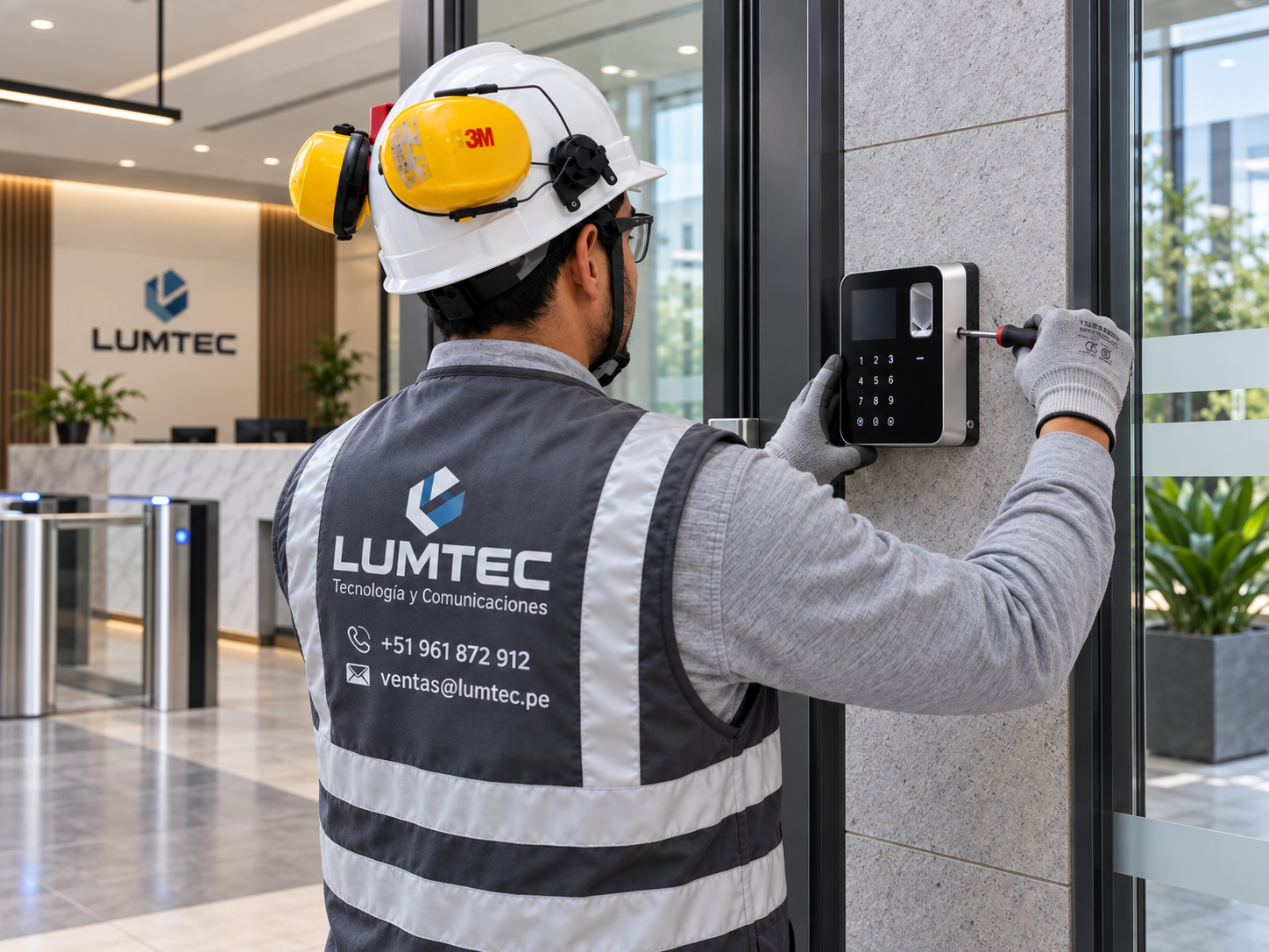 Técnico Lumtec instalando sistema de control de acceso