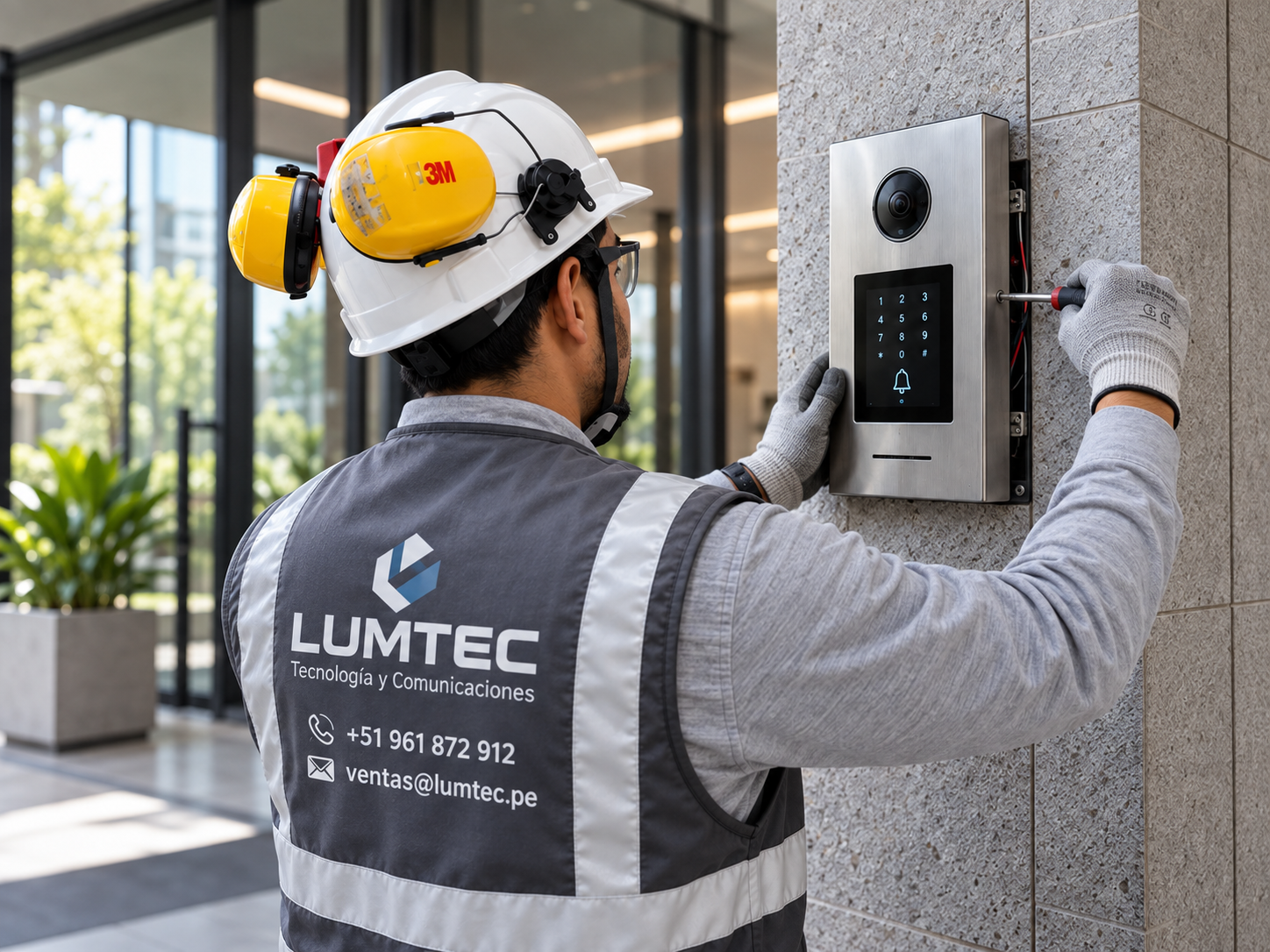 Técnico Lumtec instalando videoportero