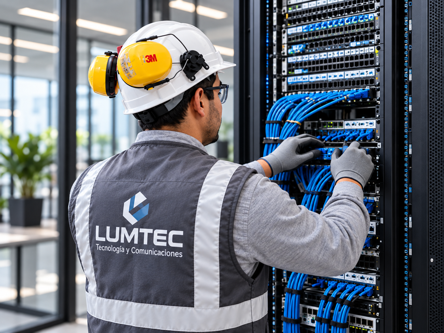 Técnico Lumtec implementando infraestructura de redes